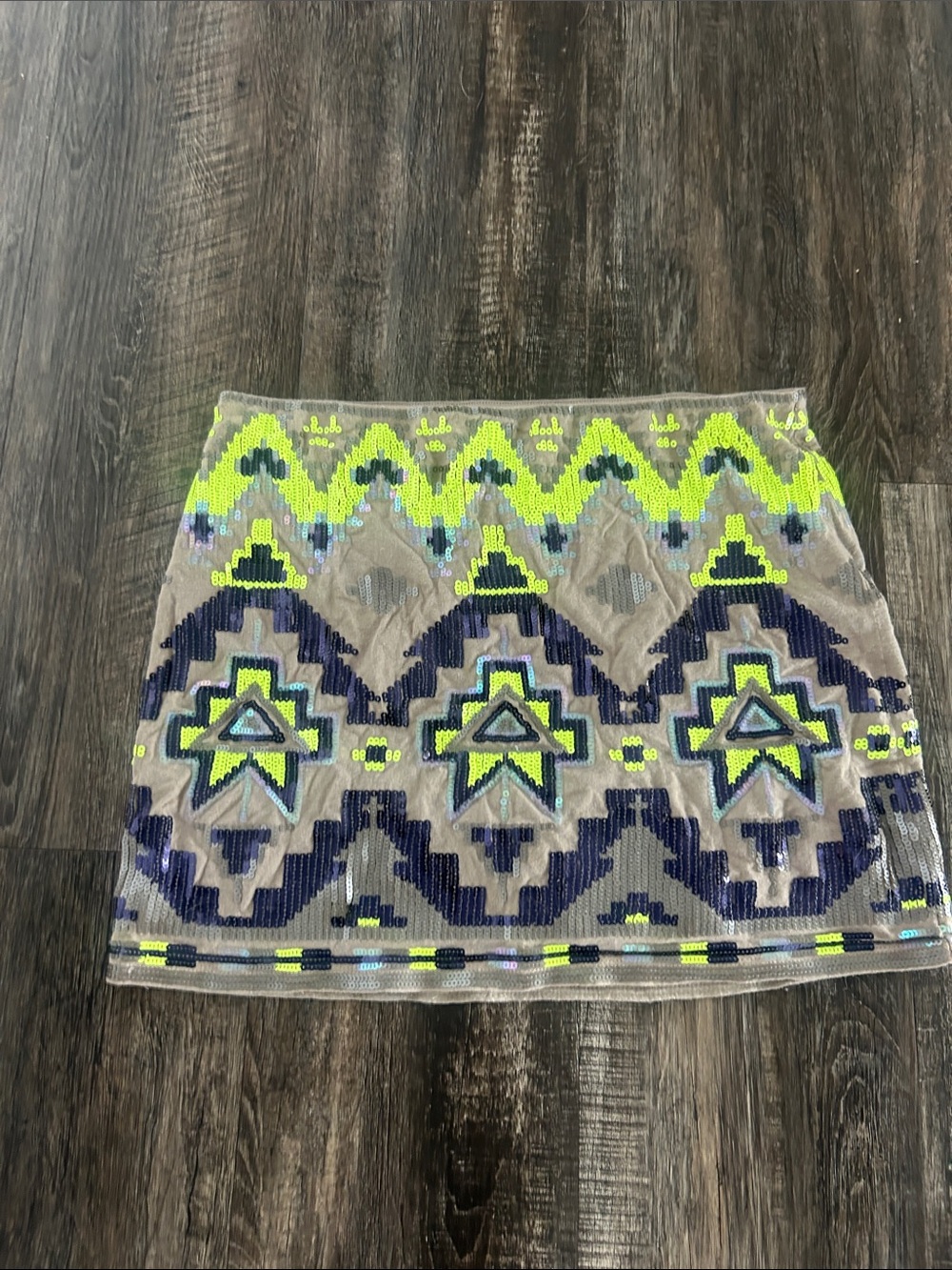 Express Neon Yellow, Navy & Gray Beaded Mini Skirt